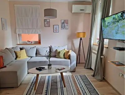 a living room with a couch and a tv at Divna in Arandjelovac