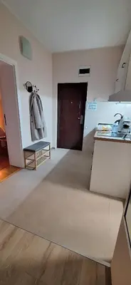 a room with a kitchen with a counter and a door at Divna in Arandjelovac