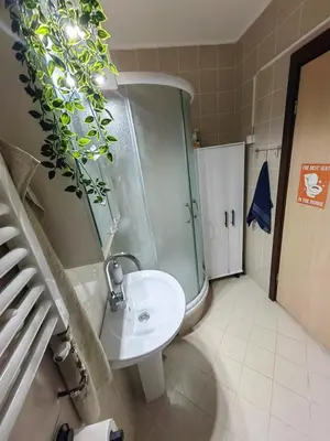 a bathroom with a sink and a shower with a plant at City center Dorcol free parking in Belgrade