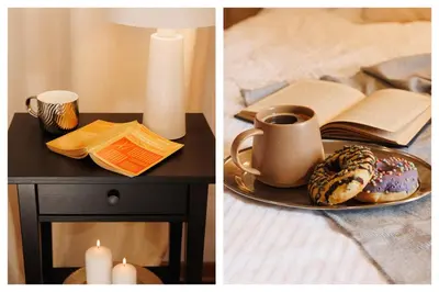 two pictures of a table with a plate of donuts and candles at Creative Shelter 108m2 with Balcony Old Town in Belgrade