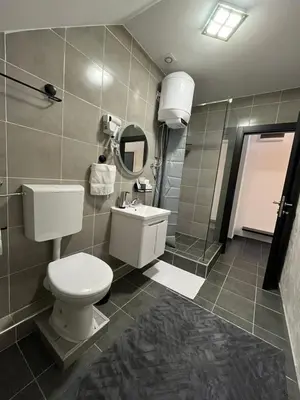 a bathroom with a toilet and a sink and a mirror at Crassula Lux 2 in Surčin
