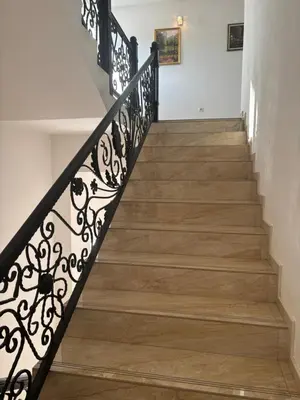 a staircase with a black and white wrought iron railing at Apartman Popovic 2 in Ub