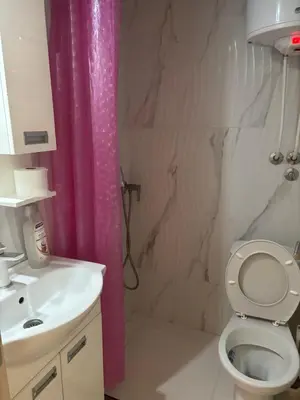 a bathroom with a pink shower curtain and a toilet at Apartman Popovic 2 in Ub