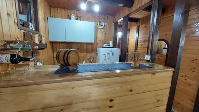 a bathroom with a sink in a wooden cabin at Wooden house Ada in Ada Ciganlija