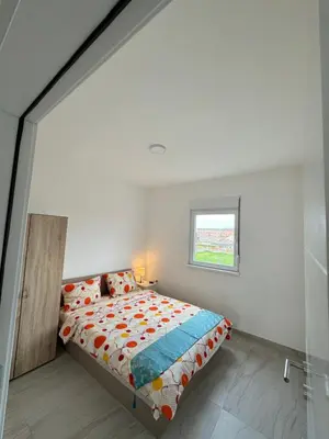 a bedroom with a bed and a window at Belgrade Airport luxury 2 room in Surčin