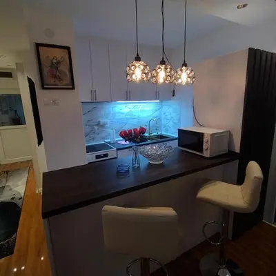 a kitchen with a counter with a sink and a microwave at Aleksandar Residence in Belgrade