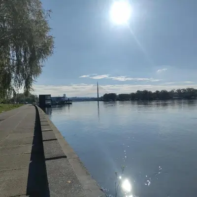 a view of a river with the sun in the sky at Aleksandar Residence in Belgrade