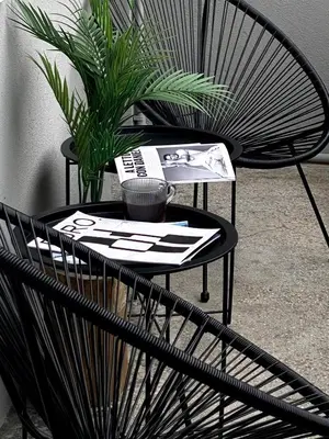 a black chair with a table with a plant at Rossa & Bayo Apartments in Belgrade