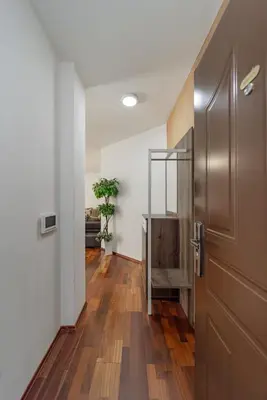 a hallway with a wooden floor and a door at Apartman Igor 1 in Belgrade
