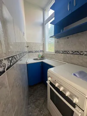 a kitchen with blue cabinets and a white stove at Apartman Igor 2 in Belgrade