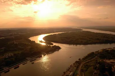 an aerial view of a river with boats on it at Belgrade Serbia apartment in Belgrade