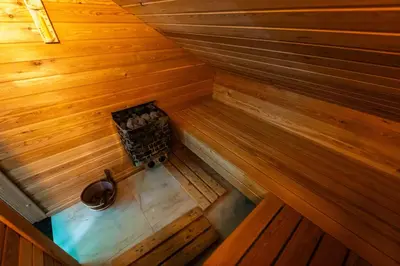 an overhead view of the inside of a wooden sauna at Oaza Apartmani Jakovo APOLON SPA in Jakovo