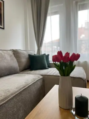 a vase of red tulips on a table in a living room at Loyal 1 in Arandjelovac