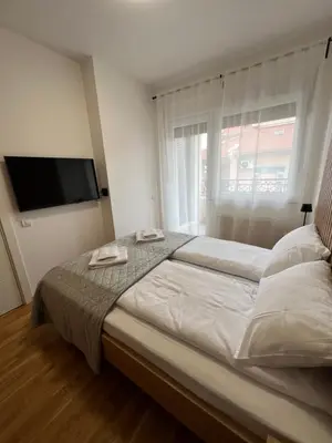 a bedroom with a large bed and a flat screen tv at Loyal 1 in Arandjelovac