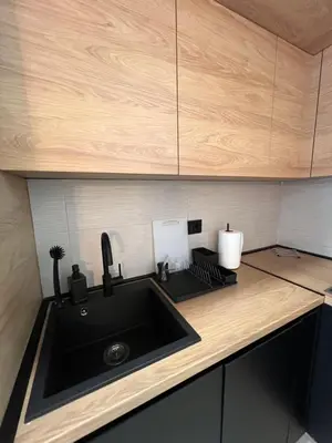 a kitchen with a black sink and wooden cabinets at Loyal 1 in Arandjelovac