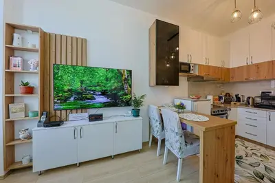 a kitchen with a television on a white cabinet at Cozy Little Place - Parking Available in Belgrade
