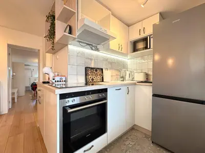 a kitchen with a stove and a refrigerator at Maria Belgrade Center in Belgrade