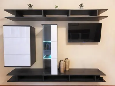 a living room with a tv and a shelf at Skaradlija Lux Apartment in Belgrade