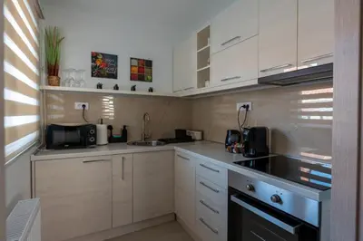 a small kitchen with white cabinets and a sink at Kolonja Apartmani in Arandjelovac