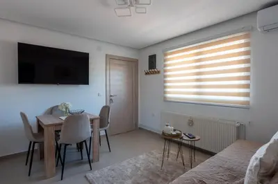 a living room with a dining room table and a television at Kolonja Apartmani in Arandjelovac
