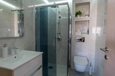 a bathroom with a shower and a toilet and a sink at Kolonja Apartmani in Arandjelovac