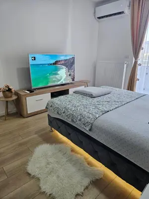 a bedroom with a bed and a flat screen tv at Miss LUX in Mladenovac