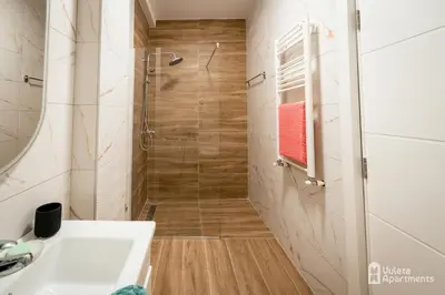 a bathroom with a shower and a white sink at Vuleta Apartments Aranđelovac in Arandjelovac