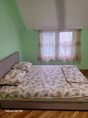 a bed in a green room with a window at Dream 9 in Belgrade