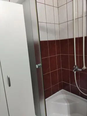 a bathroom with a shower with red tiles at KS Studio 2 in Belgrade
