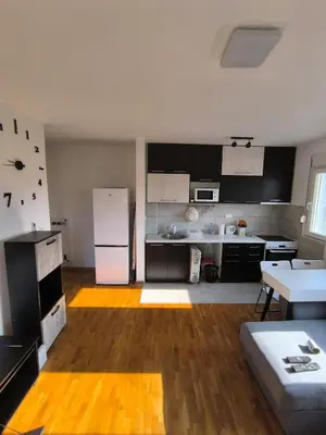 a kitchen with black cabinets and a white refrigerator at Apartment for a day, Zemun, Altina, two rooms in Belgrade