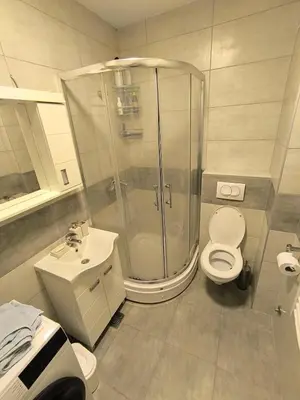 a bathroom with a shower and a toilet and a sink at Apartment for a day, Zemun, Altina, two rooms in Belgrade