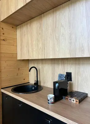 a kitchen counter with a sink and a coffee maker at Cabin 16 in Čolakovica Potok
