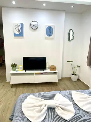 a bedroom with a tv on a white wall at Perla Suite Vracar in Belgrade
