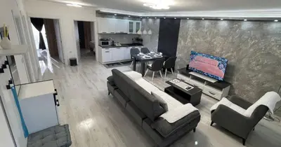 a living room with couches and a tv and a kitchen at Apartman Manda in Belgrade
