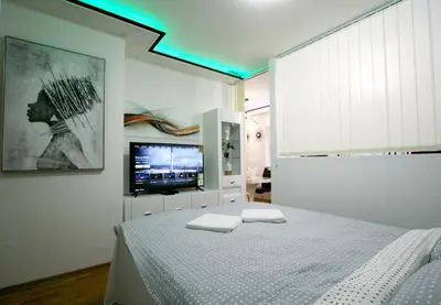 a bedroom with a bed and a flat screen tv at Apartment Purple in Belgrade