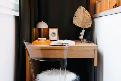 a desk with a lamp at Bright Harmony with Balcony Old Town Renovated in Belgrade