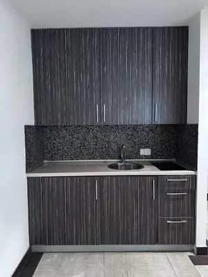 a kitchen with wooden cabinets and a sink at Triplex with garden and parking in Belgrade