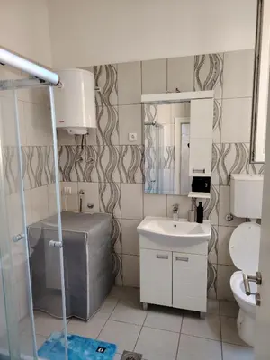 a bathroom with a shower and a sink and a toilet at Nefertiti Apartment in Belgrade