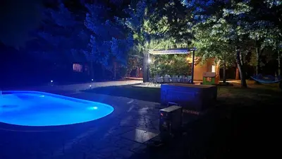 a swimming pool in a yard at night at Avalavanda Cherry Hill in Vlasi