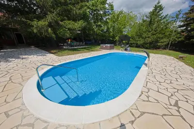 a swimming pool in a yard with a cobblestone patio at Avalavanda Cherry Hill in Vlasi