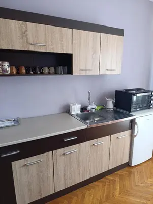a kitchen with a sink and a microwave at SREMICA - Guest House in Pećinci