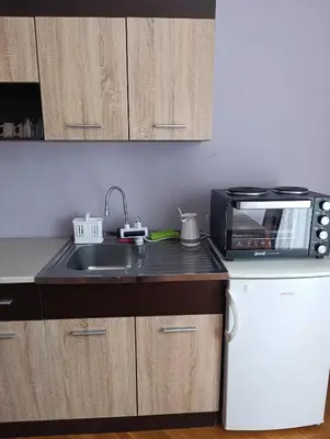 a kitchen with a sink and a microwave at SREMICA - Guest House in Pećinci