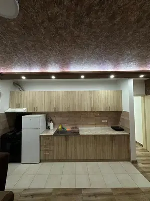 a kitchen with wooden cabinets and a white refrigerator at DP Lux apartman Obrenovac,sa parkingom in Obrenovac
