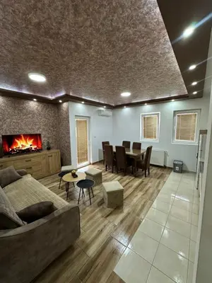 a living room with a couch and a fireplace at DP Lux apartman Obrenovac,sa parkingom in Obrenovac