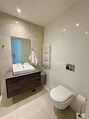 a white bathroom with a sink and a toilet at BW Aqua Waterside Sandy in Belgrade