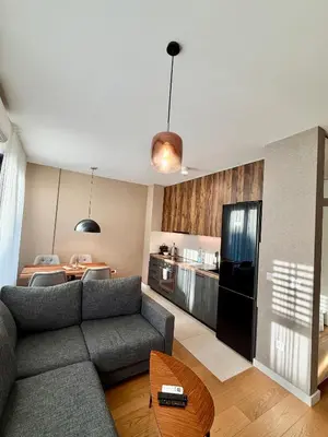 a living room with a couch and a kitchen at K-District Apartment Charlie in Belgrade