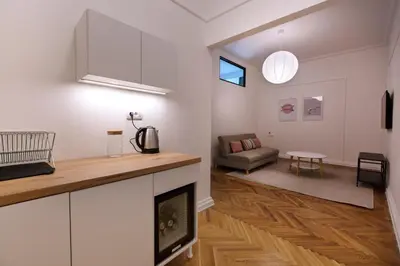 a kitchen and living room with a couch and a fireplace at High Note Suites in Belgrade