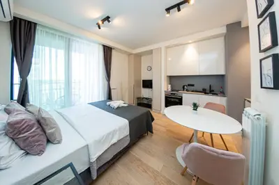 a bedroom with a bed and a table and a kitchen at Talija BW in Belgrade