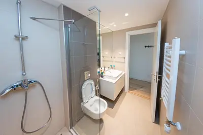 a bathroom with a shower and a toilet and a sink at Talija BW in Belgrade
