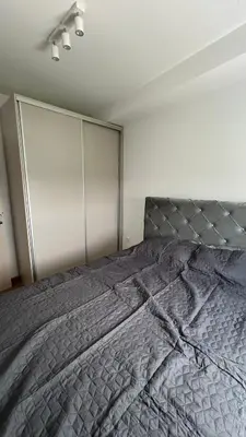 a bedroom with a large bed with a gray comforter at Stan na dan Indjija in Inđija